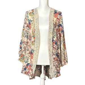 Umgee Kimono Cardigan Size Small Medium Open Front Boho Tan Floral Cottage Artsy